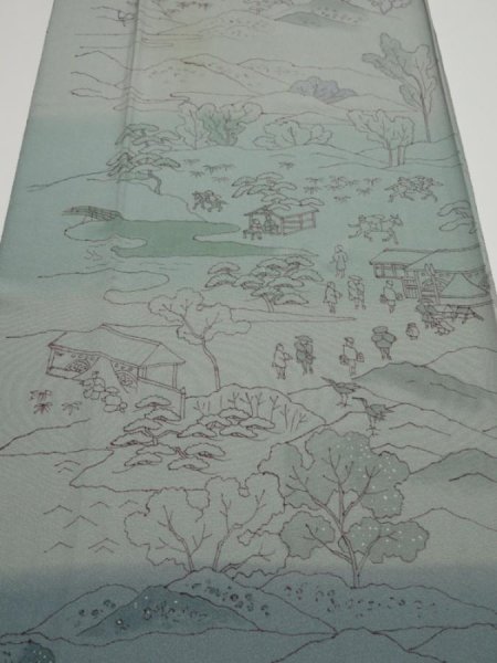 Photo1: 4K04z90  Japanese Kimono Silk  FABRIC Edo era scenery Blue-Gray 68.5x15.0 (1)