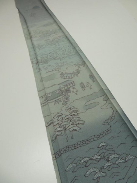 Photo1: 4K08z40  Japanese Kimono Silk  FABRIC Edo era scenery Blue-Gray 61.4x7.5 (1)