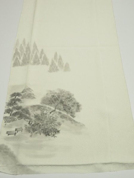 Photo1: 4K01z70  Japanese Kimono Silk  FABRIC Scenery Off-white 47.2x14.2 (1)