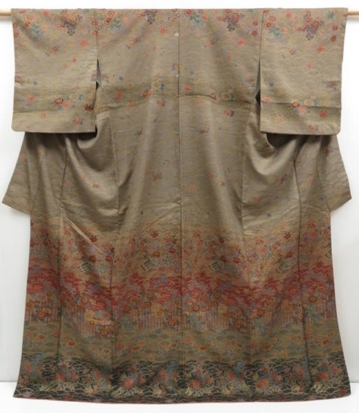 Photo1: 3405T01z1020  Japanese Kimono Silk TSUKESAGE Flowers Brown-Gray (1)