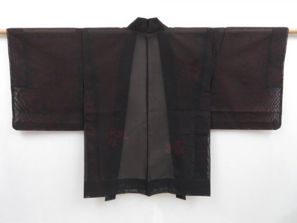 Photo1: 3405T08z250 Vintage Japanese Kimono Silk See through HAORI Flower Black (1)