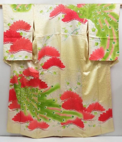 Photo1: 3406T01z800 Vintage Japanese Kimono Silk TSUKESAGE Peacock Light cream (1)