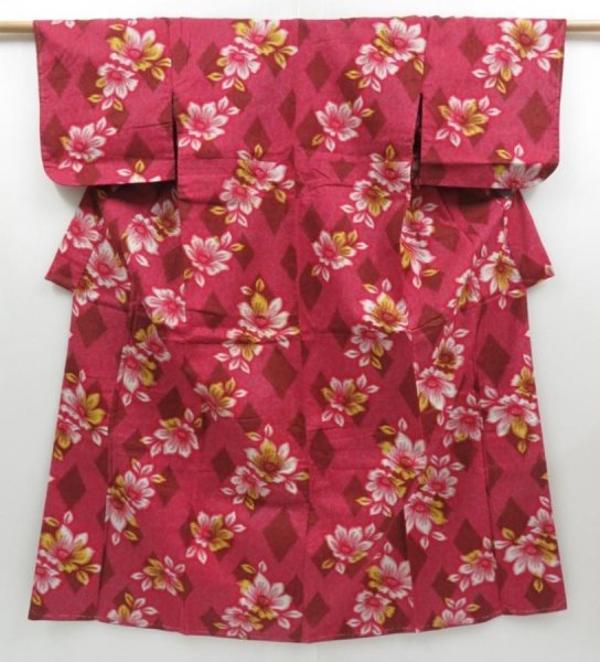 Photo1: 3406T04z750 Vintage Japanese Kimono Cotton KOMON Flower Red-Pink (1)