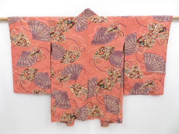 Photo1: 3410T05z530 Antique Japanese Kimono Silk HAORI Folding fan Coral pink (1)