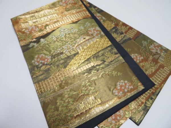 Photo1: 3509Y11z810  Japanese Kimono Silk FUKURO OBI Kinkakuji Gold 170.1x12.2 (1)