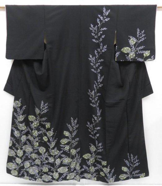 Photo1: 3413T06z950 Vintage Japanese Kimono Silk TSUKESAGE Plants Black (1)