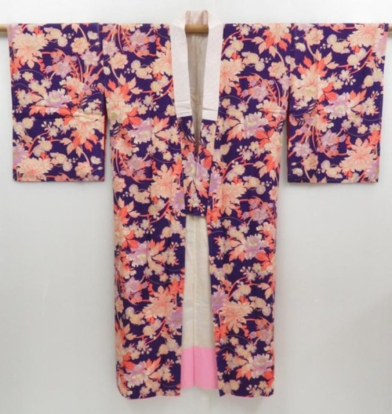 Photo1: 3416T05z530 Antique Japanese Kimono Silk JUBAN Flowers Grape (1)