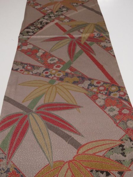 Photo1: 3R02z60  Japanese Kimono Silk  FABRIC Bamboo grass Brown-Gray 43.3x13.8 (1)