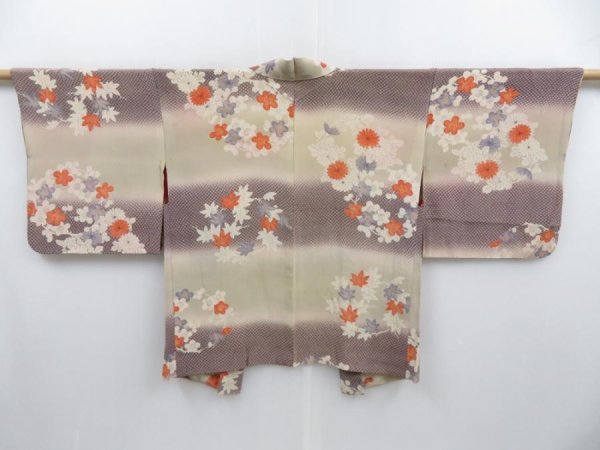 Photo1: 3423T08z370 Vintage Japanese Kimono Silk HAORI Chrysanthemum Sand beige (1)