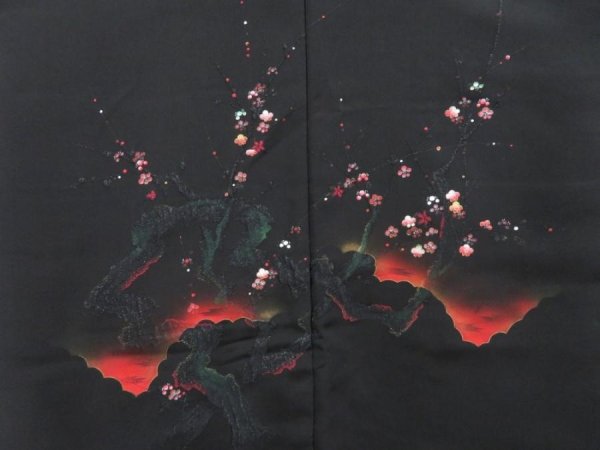 Photo1: 3509T09z560 Vintage Japanese Kimono Silk HAORI Plum tree Black (1)