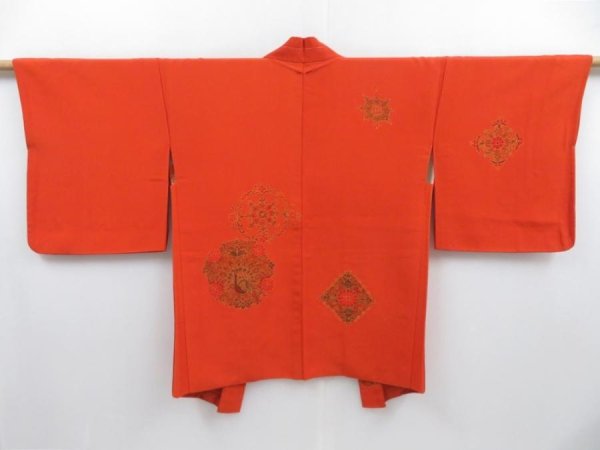 Photo1: 3509T10z540 Vintage Japanese Kimono Silk HAORI Peacock Orangered (1)