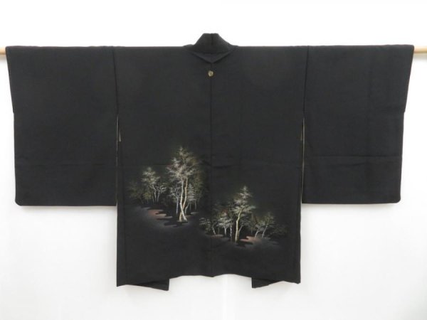 Photo1: 3510T03z540 Vintage Japanese Kimono Silk HAORI Grove Black (1)