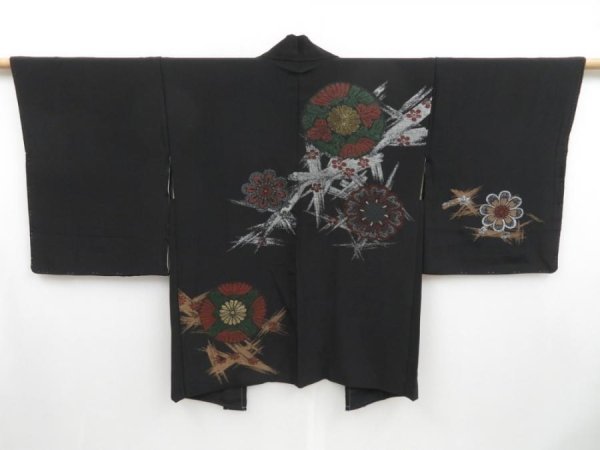 Photo1: 3510T05z470 Vintage Japanese Kimono Silk URUSHI HAORI Flowers Black (1)