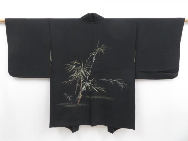 Photo1: 3513T03z520 Vintage Japanese Kimono Silk HAORI Bamboo Black (1)