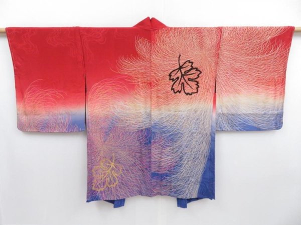 Photo1: 3513T05z450 Antique Japanese Kimono Silk HAORI Chrysanthemum Dark red (1)