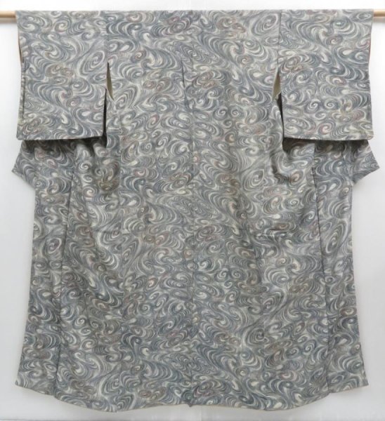 Photo1: 3517T09z610 Vintage Japanese Kimono Silk KOMON Stream Light gray (1)