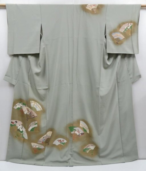 Photo1: 3522T03z950 Vintage Japanese Kimono Silk TSUKESAGE Folding fan Celadon (1)