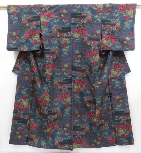 Photo1: 3527T07z800 Vintage Japanese Kimono Silk ECHIGO TSUMUGI Flowers (1)