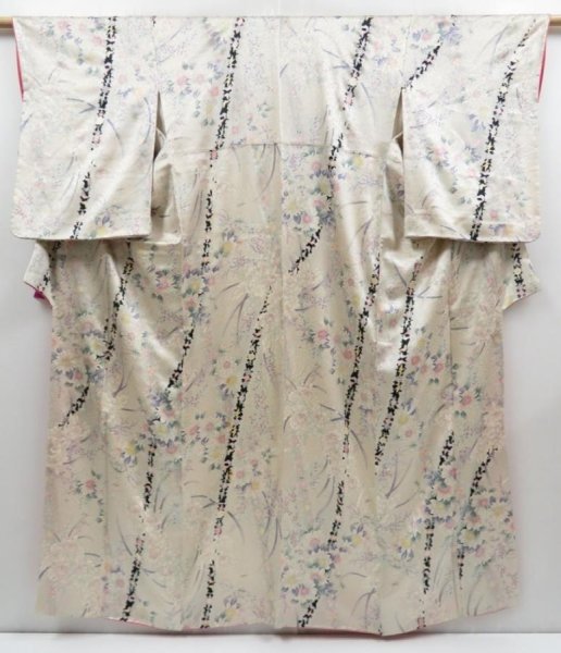 Photo1: 3611T06z1000 Vintage Japanese Kimono Silk KOMON Flowers Off-white (1)