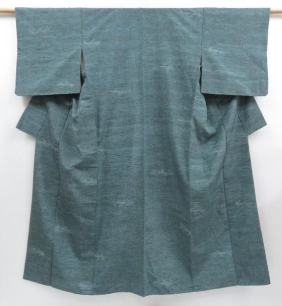 Photo1: 3611T09z730 Vintage Japanese Kimono Silk TSUMUGI  Green-Gray (1)