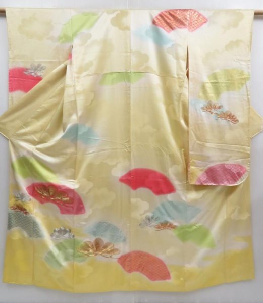 Photo1: 3709T03z990 Vintage Japanese Kimono Silk FURISODE Pine Straw yellow (1)