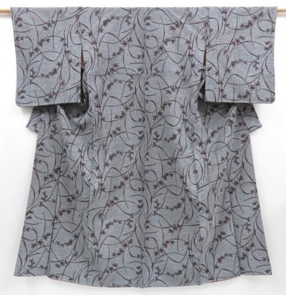 Photo1: 3709T11z680 Vintage Japanese Kimono Silk KOMON Flower Light gray (1)