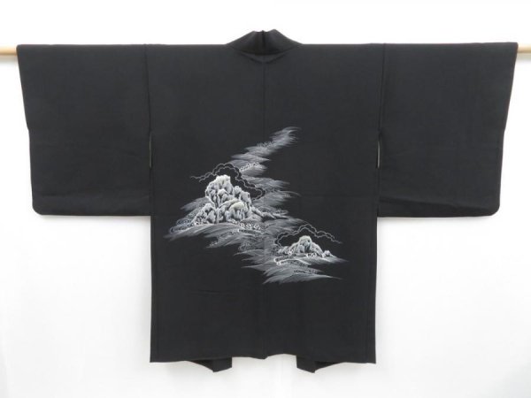 Photo1: 3710T07z550  Japanese Kimono Silk HAORI Wave Black (1)