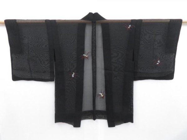 Photo1: 3710T04z200 Vintage Japanese Kimono Silk See through HAORI Flower Black (1)