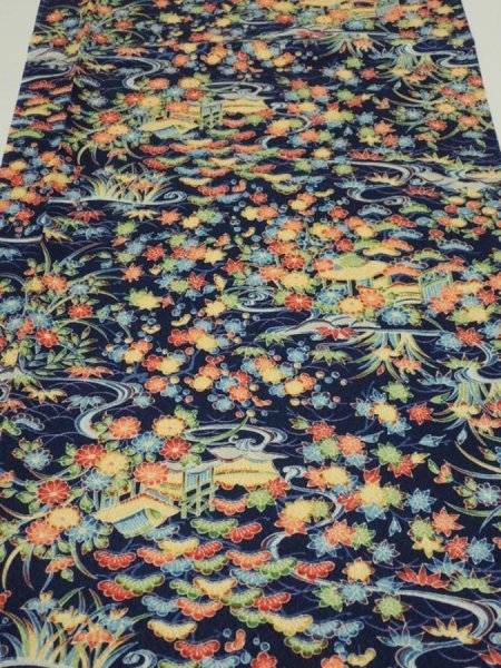 Photo1: 4L01z60  Japanese Kimono Silk  FABRIC Flowers Navy 40.9x14.2 (1)