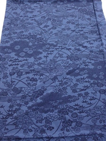 Photo1: 4L01z70  Japanese Kimono Crepe Silk  FABRIC Flowers Indigo 40.9x14.4 (1)