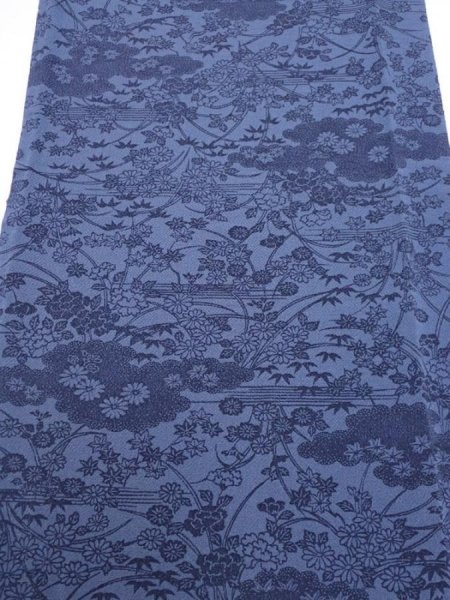 Photo1: 4L03z110  Japanese Kimono Crepe Silk  FABRIC Flowers Indigo 64.6x13.8 (1)