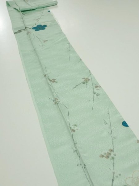 Photo1: 4L09z50  Japanese Kimono Silk  FABRIC Plum branch Light blue 80.3x6.5 (1)