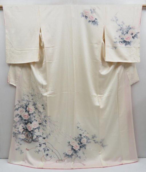 Photo1: 3726T03z940  Japanese Kimono Silk TSUKESAGE Flower cart Off-white (1)