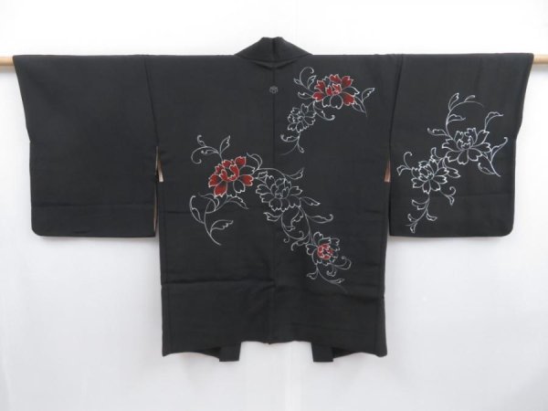 Photo1: 3726T06z650 Vintage Japanese Kimono Silk HAORI Flower Black (1)