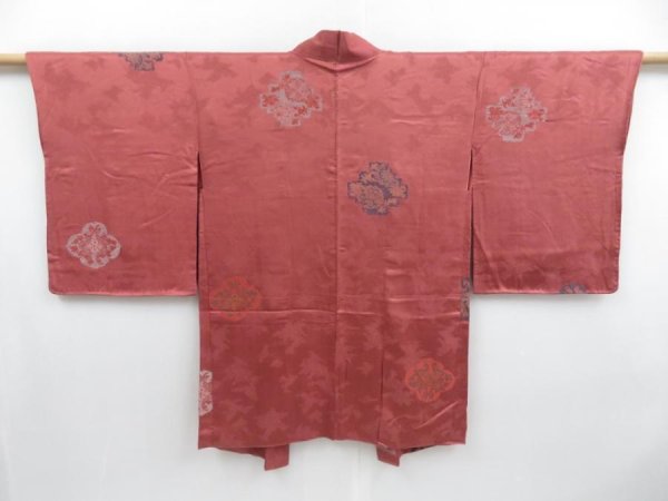 Photo1: 3726T07z570 Vintage Japanese Kimono Silk HAORI Flowers Dark coral (1)