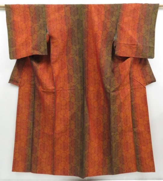 Photo1: 3802T01z700 Vintage Japanese Kimono Silk TSUMUGI Hemp Dark orange (1)