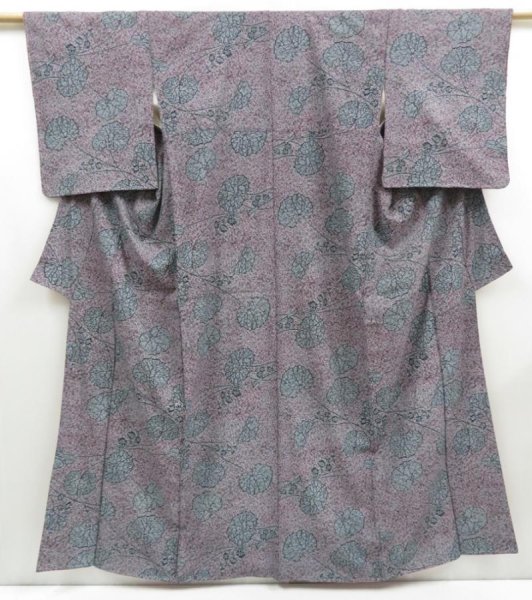 Photo1: 3802T10z720 Vintage Japanese Kimono Silk KOMON Leaf Gray (1)