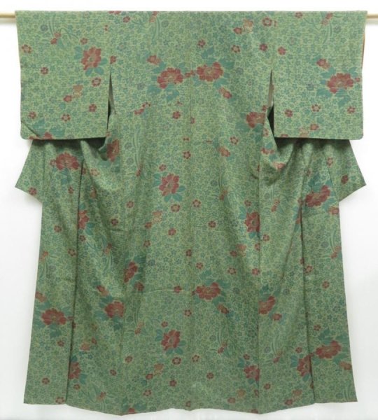 Photo1: 3813T13z580 Vintage Japanese Kimono Silk KOMON Flowers Olive green (1)