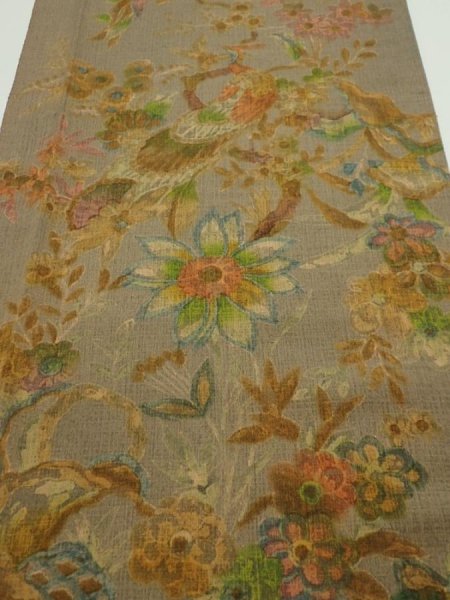 Photo1: 2L03z80  Japanese Kimono Silk  FABRIC Flowers Brown-Gray 61.4x14.2 (1)