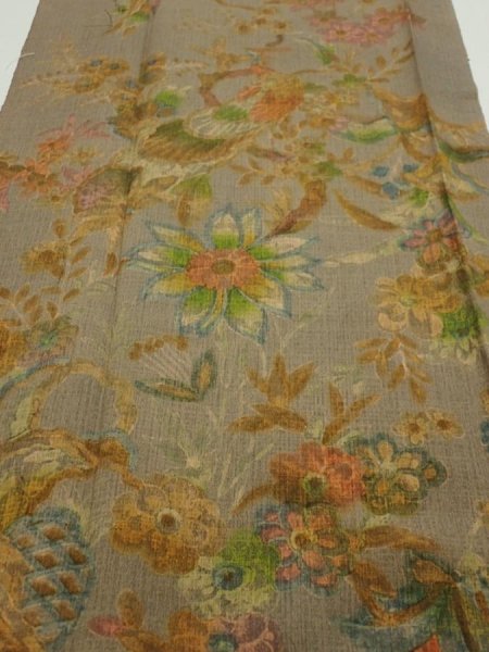 Photo1: 2L05z80  Japanese Kimono Silk  FABRIC Flowers Brown-Gray 62.2x14.2 (1)