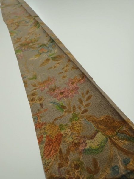 Photo1: 2L08z40  Japanese Kimono Silk  FABRIC Flowers Brown-Gray 59.1x7.5 (1)