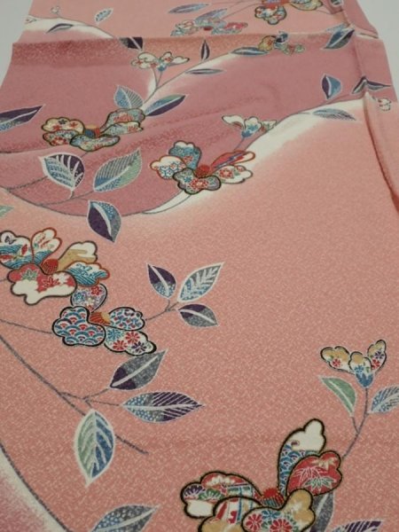 Photo1: 2L02z60  Japanese Kimono Silk  FABRIC Camellia Pink 43.3x14.2 (1)