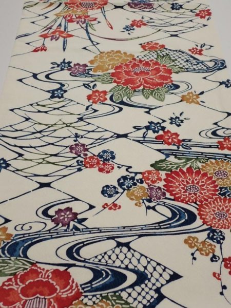 Photo1: 2L01z70  Japanese Kimono Silk  FABRIC Katazome Off-white 45.7x14.2 (1)