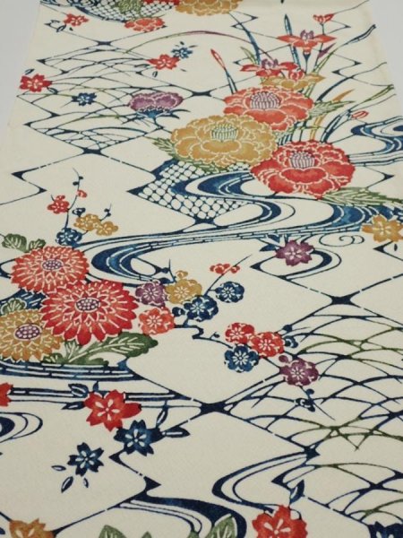 Photo1: 2L02z70  Japanese Kimono Silk  FABRIC Katazome Off-white 44.9x14.2 (1)