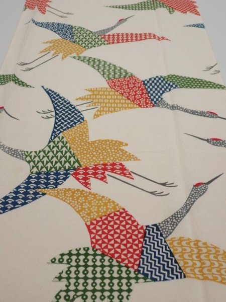 Photo1: 2K04z90  Japanese Kimono Silk  FABRIC Crane Off-white 66.9x13.8 (1)