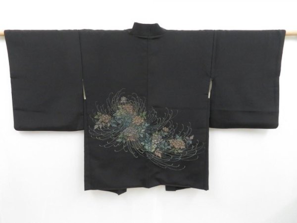 Photo1: 3820T09z550 Vintage Japanese Kimono Silk HAORI Flowers Black (1)