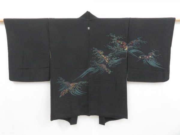 Photo1: 3822T10z600 Vintage Japanese Kimono Silk HAORI Wave Black (1)