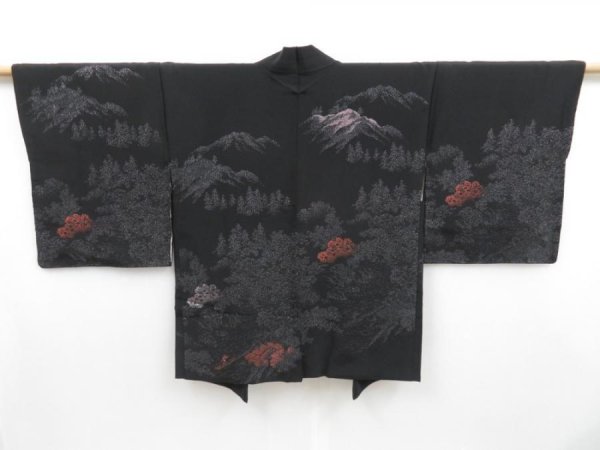 Photo1: 3827T07z610 Vintage Japanese Kimono Silk HAORI Trees Black (1)