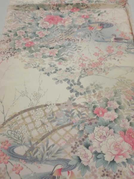 Photo1: 2U01z60  Japanese Kimono Silk  FABRIC Mandarin duck  43.3x14.6 (1)