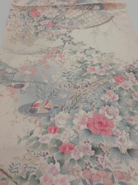 Photo1: 2U02z60  Japanese Kimono Silk  FABRIC Mandarin duck  42.5x14.6 (1)